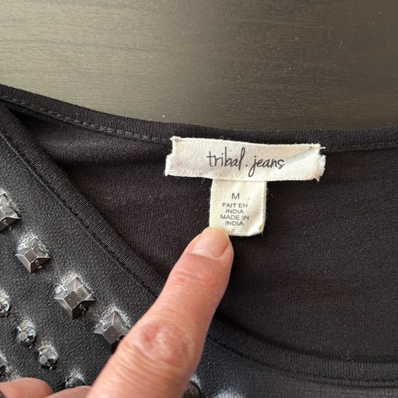 Tribal Jeans long sleeve top Sheer front overlay with black jewels Size Medium - Picture 7 of 9